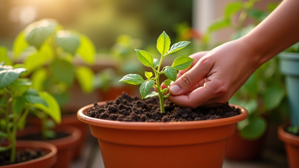 Mãos plantando sementes de tomate em solo de vaso de cerâmica na varanda