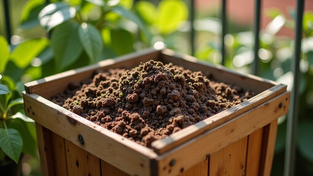 Caixa de compostagem caseira num canto de varanda com resíduos orgânicos e folhas secas