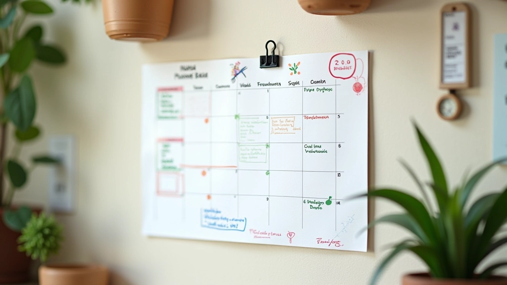 Calendário de plantio português na parede da cozinha com anotações e datas de semeadura